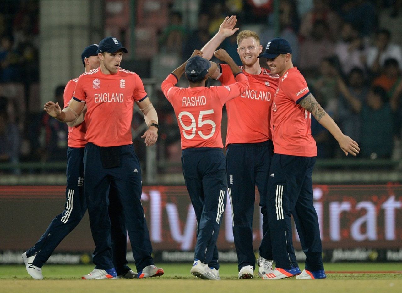 Ben Stokes celebrates a wicket with his team-mates, England v New Zealand, World T20 2016, semi-final, Delhi, March 30, 2016