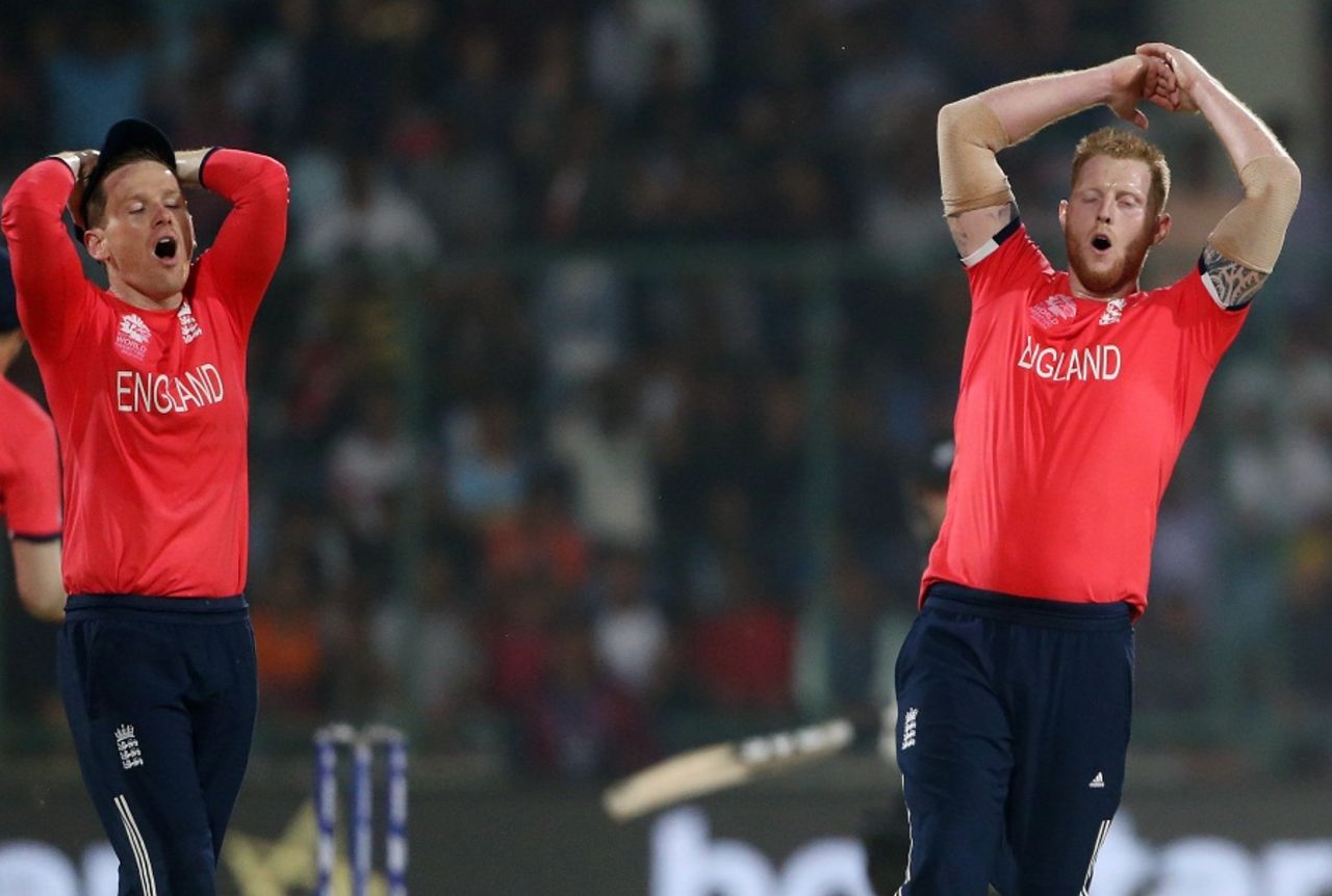 Eoin Morgan and Ben Stokes react after a missed chance, England v New Zealand, World T20 2016, semi-final, Delhi, March 30, 2016