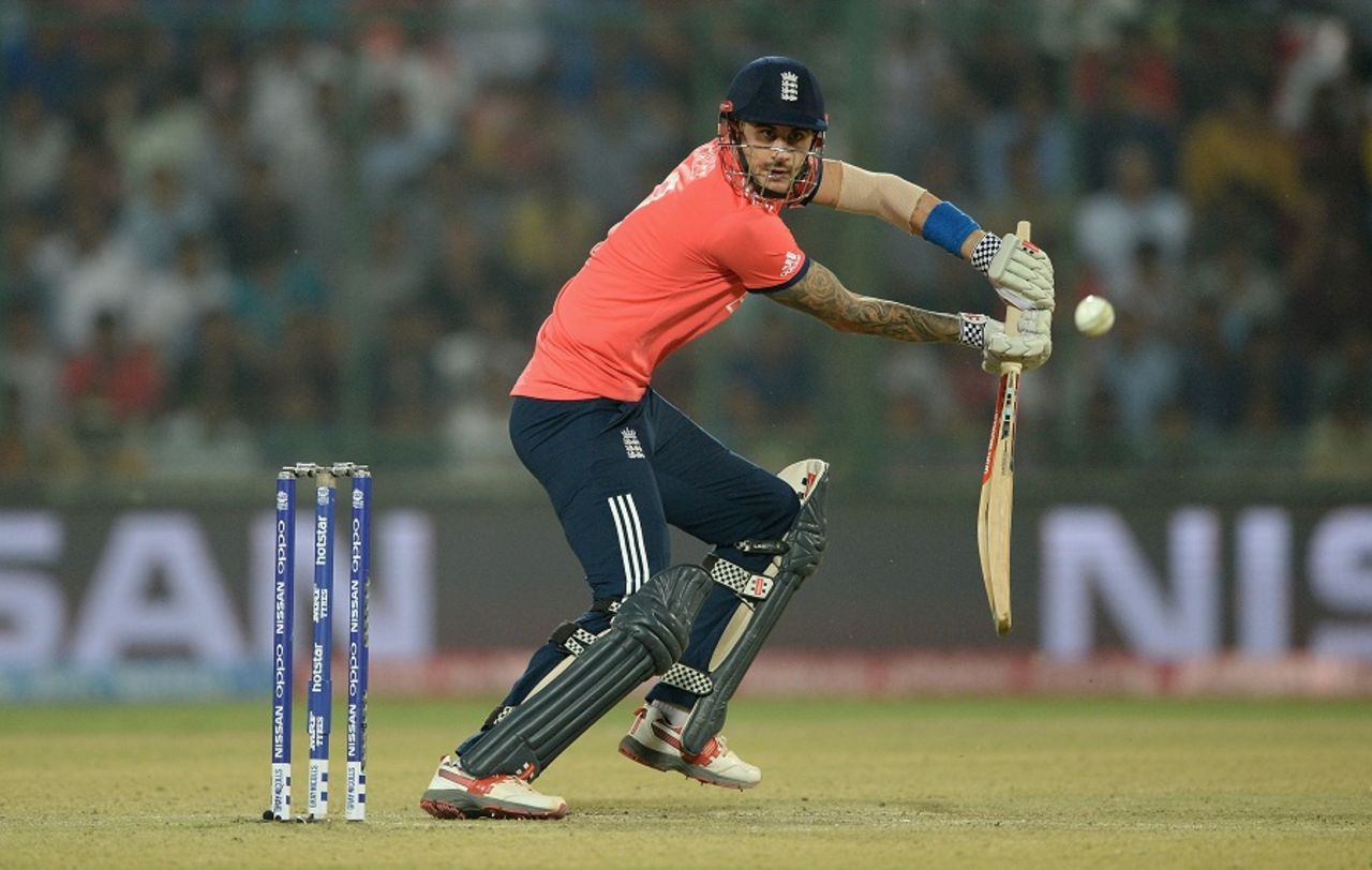 Alex Hales guides one onto the off side, England v New Zealand, World T20 2016, semi-final, Delhi, March 30, 2016