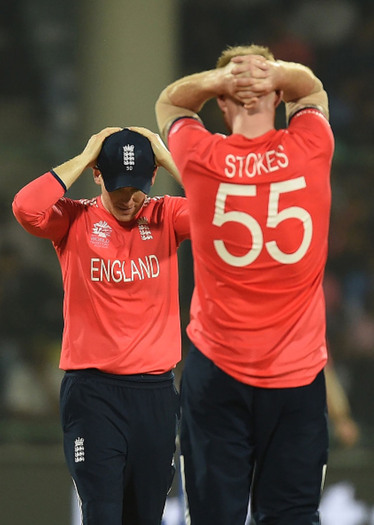 Hands on head for Eoin Morgan and Ben Stokes after a missed chance, England v New Zealand, World T20 2016, semi-final, Delhi, March 30, 2016