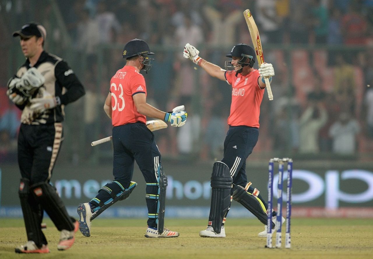 Jos Buttler and Joe Root celebrate after taking England into the final, England v New Zealand, World T20 2016, semi-final, Delhi, March 30, 2016
