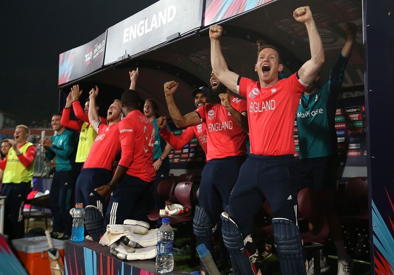 The England dugout erupts with joy after completing a seven-wicket win to reach the final, England v New Zealand, World T20 2016, semi-final, Delhi, March 30, 2016