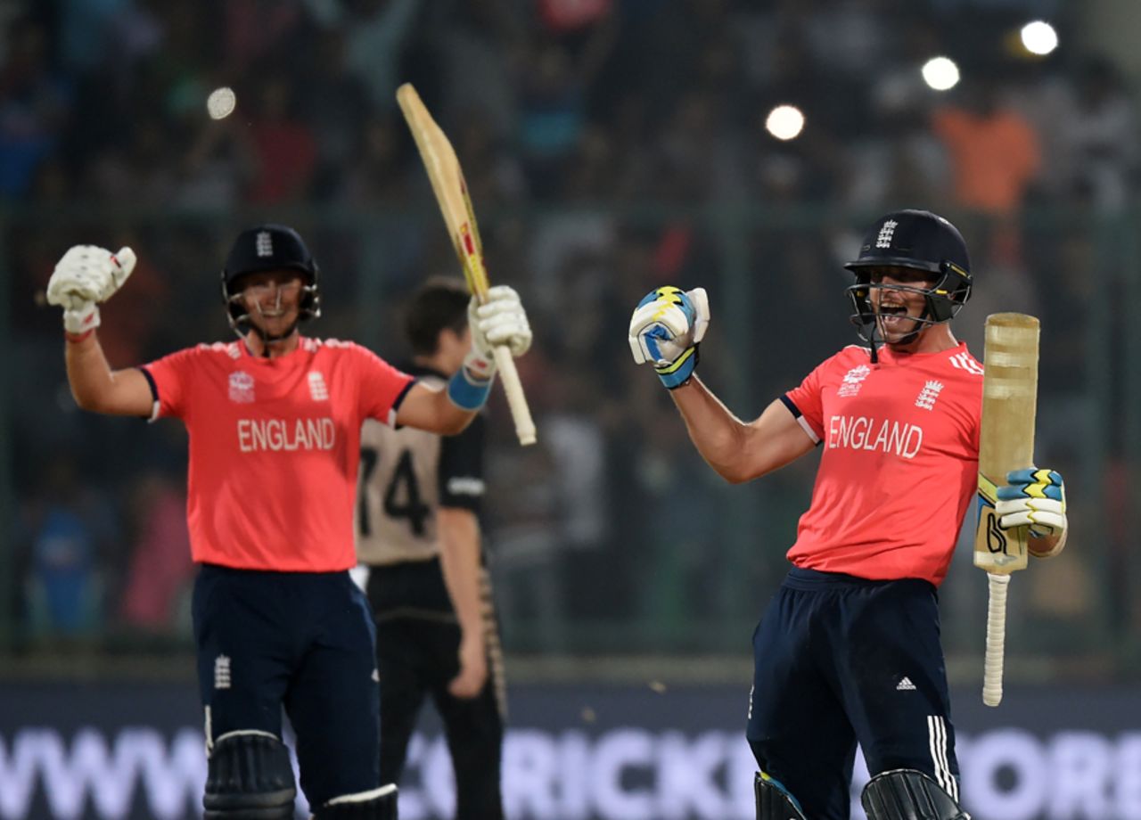 Joe Root and Jos Buttler celebrate, moments after the winning runs were scored, England v New Zealand, World T20, Semi-final, Delhi, March 30, 2016