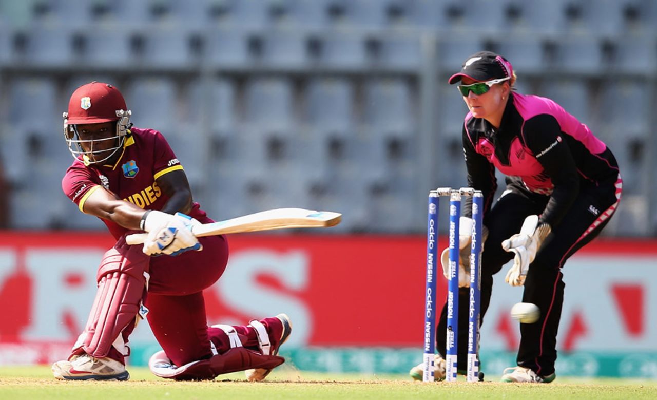 Deandra Dottin sweeps along the ground, New Zealand v West Indies, Women's World T20, semi-final, Mumbai, March 31, 2016