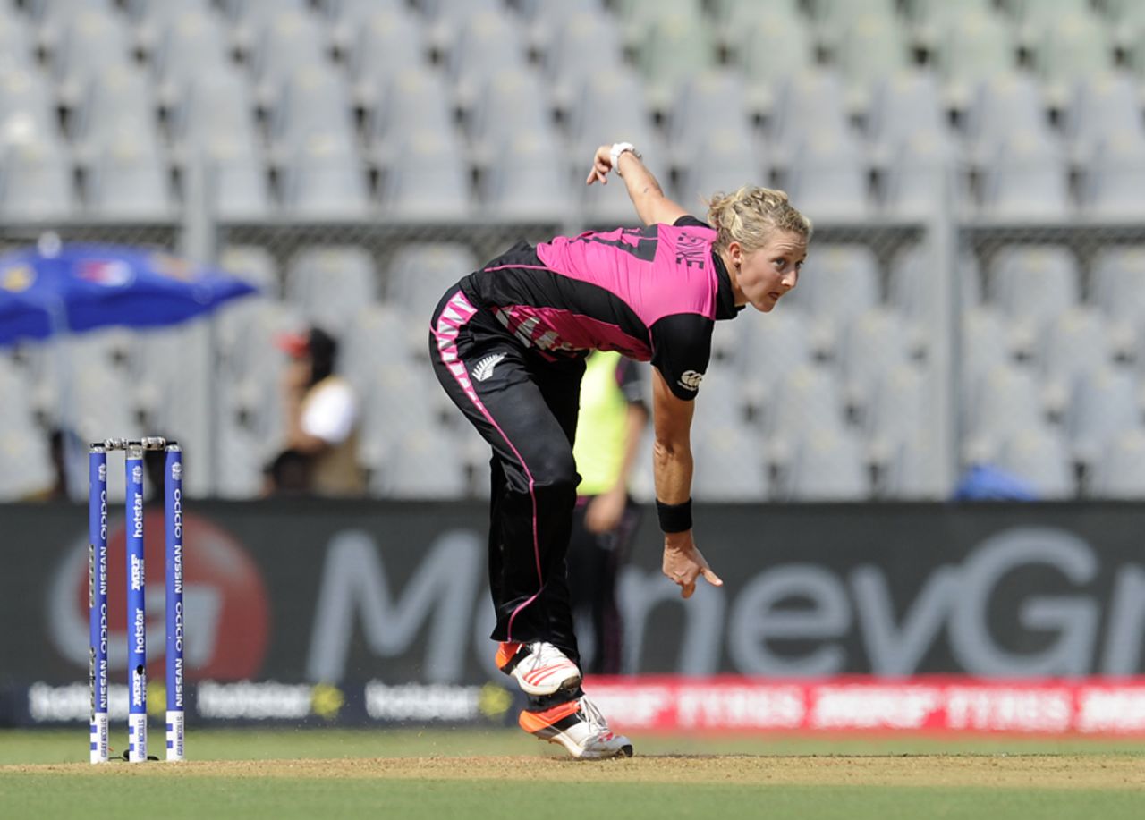 Sophie Devine powers through her bowling action, New Zealand v West Indies, Women's World T20, semi-final, Mumbai, March 31, 2016