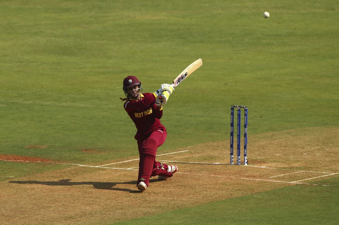 Merissa Aguilleira plays over the infield on the leg side, New Zealand v West Indies, Women's World T20, semi-final, Mumbai, March 31, 2016