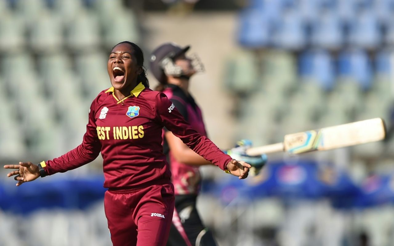 Afy Fletcher is animated in her celebrations after dismissing Suzie Bates, New Zealand v West Indies, Women's World T20, semi-final, Mumbai, March 31, 2016