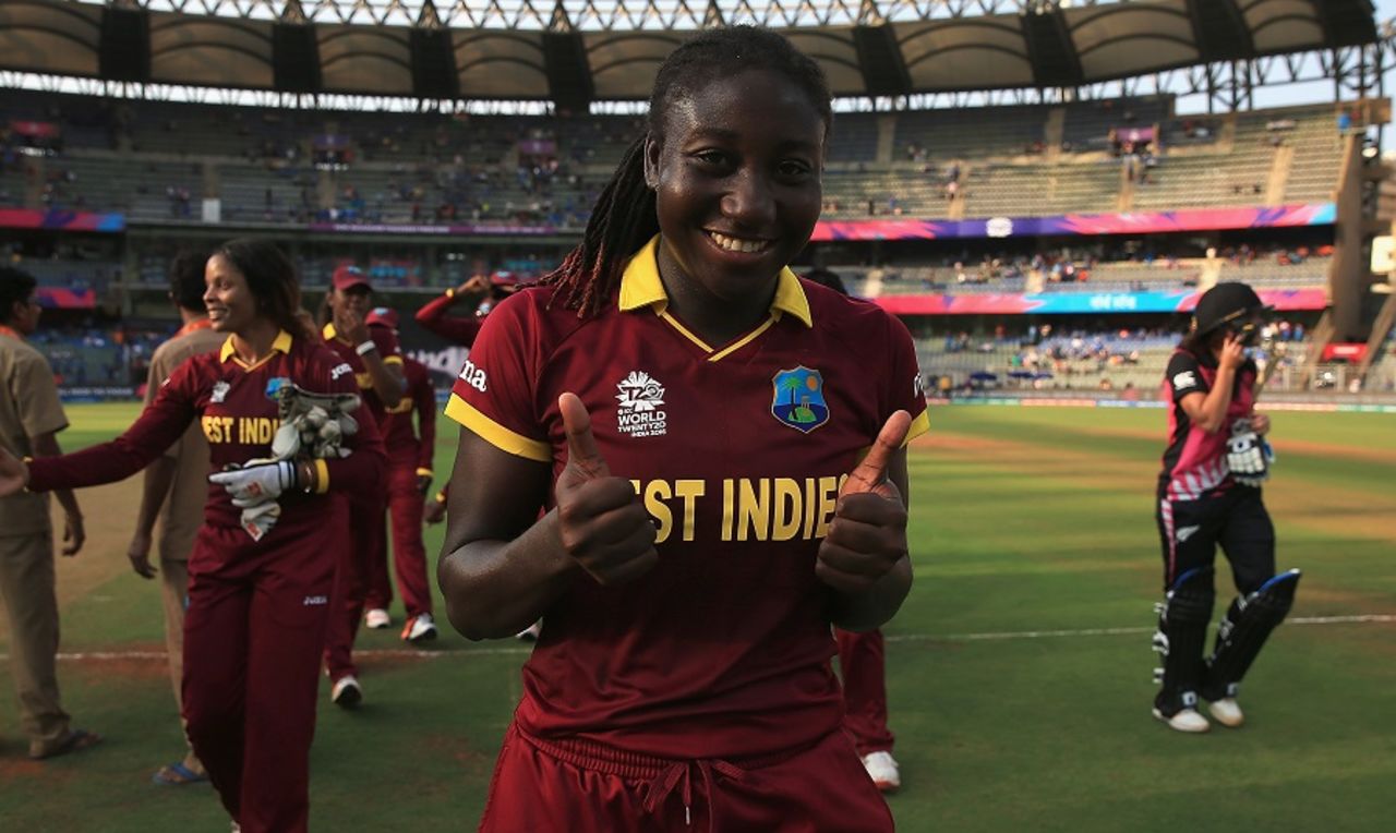 A cheerful Stafanie Taylor is all smiles after her team made it to the final, New Zealand v West Indies, Women's World T20, semi-final, Mumbai, March 31, 2016