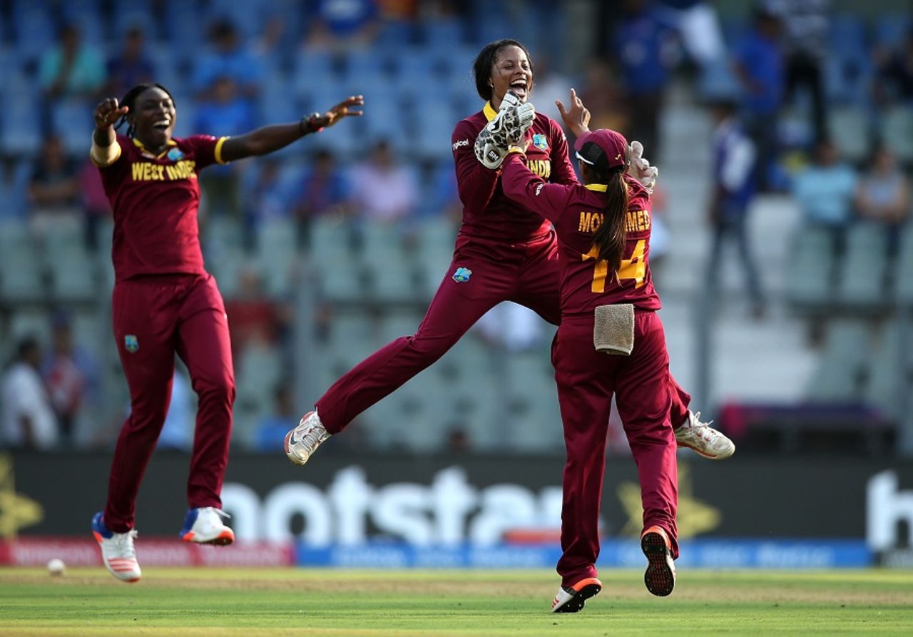 Merissa Aguilleira jumps up in delight as she celebrates West Indies' six-run win, New Zealand v West Indies, Women's World T20, semi-final, Mumbai, March 31, 2016