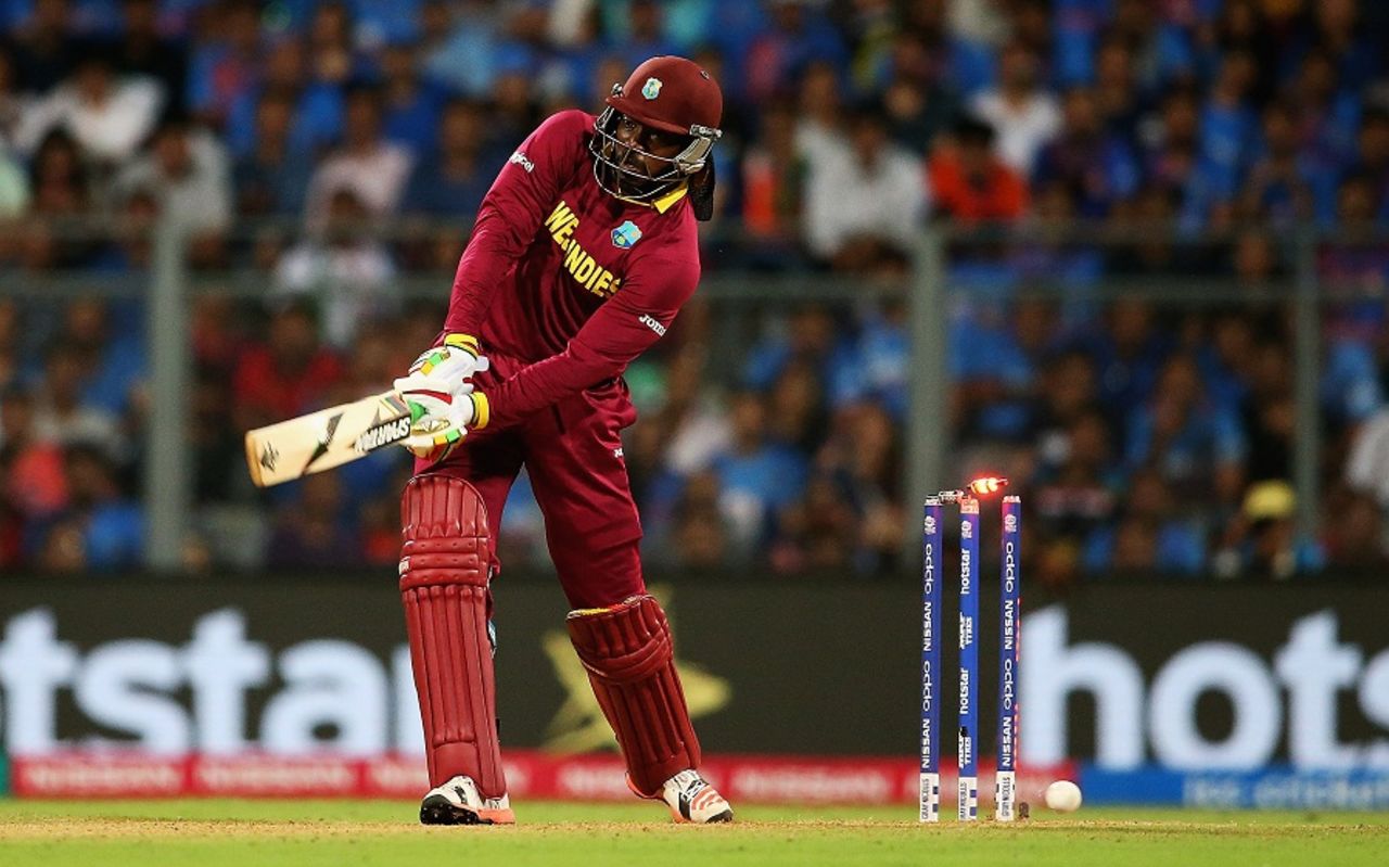 Chris Gayle was bowled for 5, India v West Indies, World T20 2016, semi-final, Mumbai, March 31, 2016