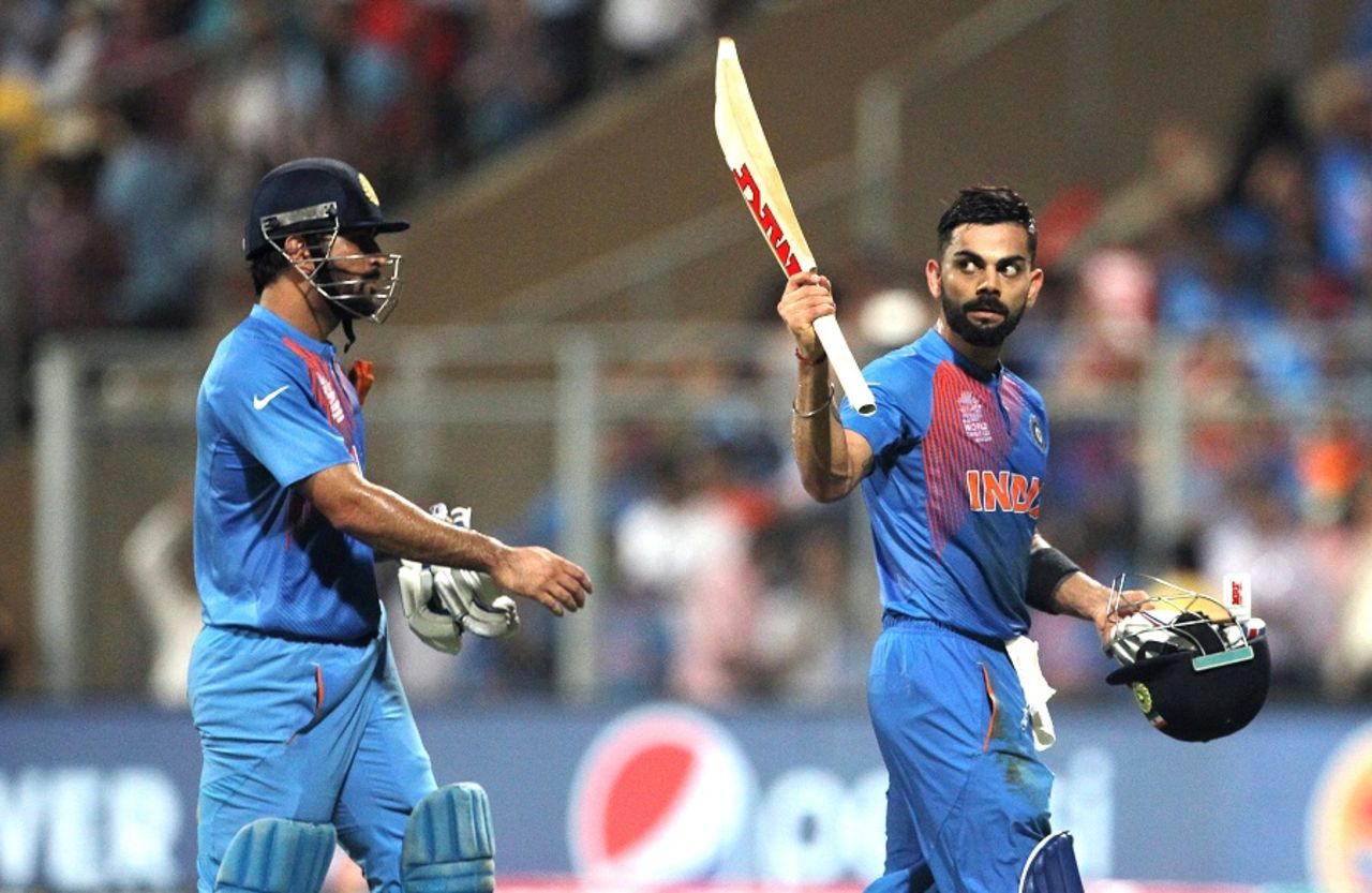 Virat Kohli and MS Dhoni walk off after taking India to 192, India v West Indies, World T20 2016, semi-final, Mumbai, March 31, 2016