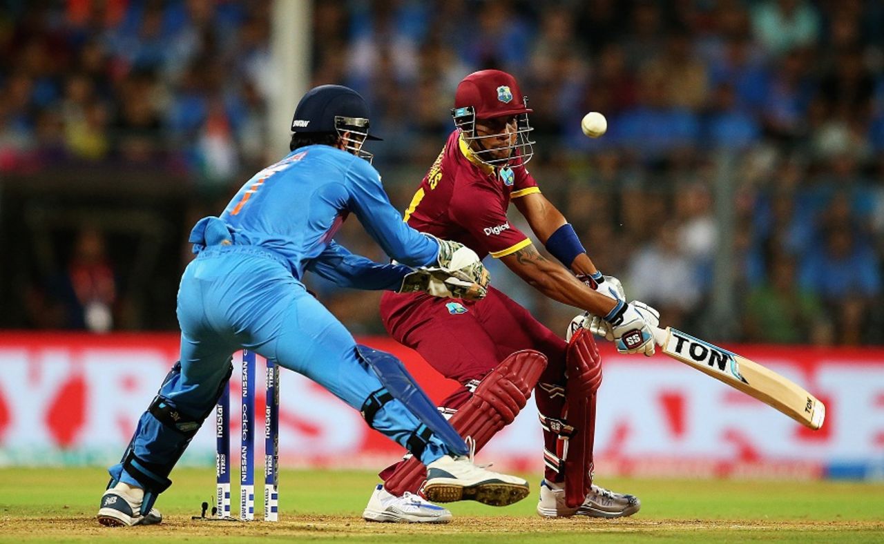 Lendl Simmons plays a cut shot, India v West Indies, World T20 2016, semi-final, Mumbai, March 31, 2016