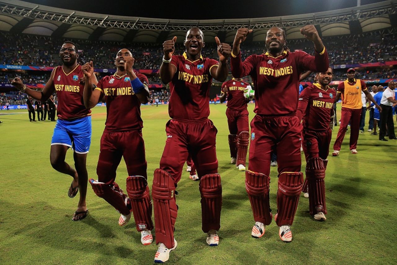The West Indies team celebrate after reaching the final, India v West Indies, World T20 2016, semi-final, Mumbai, March 31, 2016