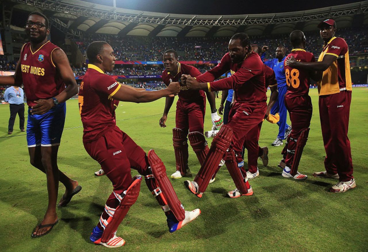 Dwayne Bravo and Chris Gayle showcase their moves after West Indies' win, India v West Indies, World T20 2016, semi-final, Mumbai, March 31, 2016