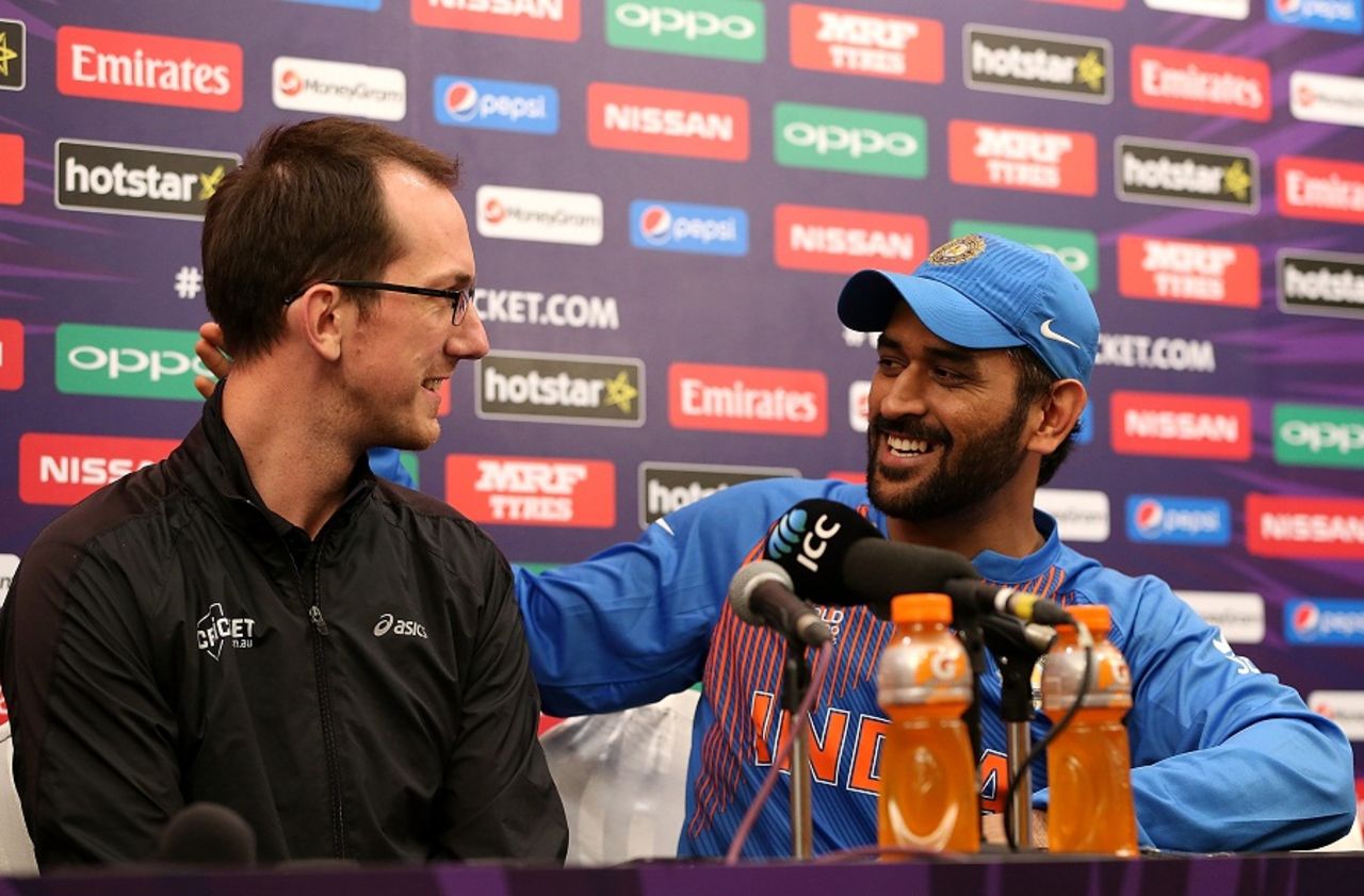 MS Dhoni shares a light moment with a reporter who asked him about retirement, India v West Indies, World T20 2016, semi-final, Mumbai, March 31, 2016