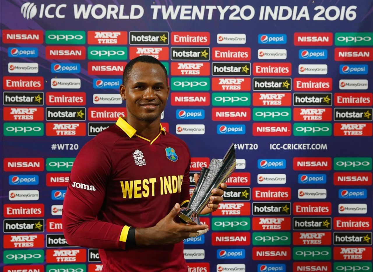 Marlon Samuels poses with his Man-of-the-Match trophy, South Africa v West Indies, World T20 2016, Group 1, Nagpur, March 25, 2016