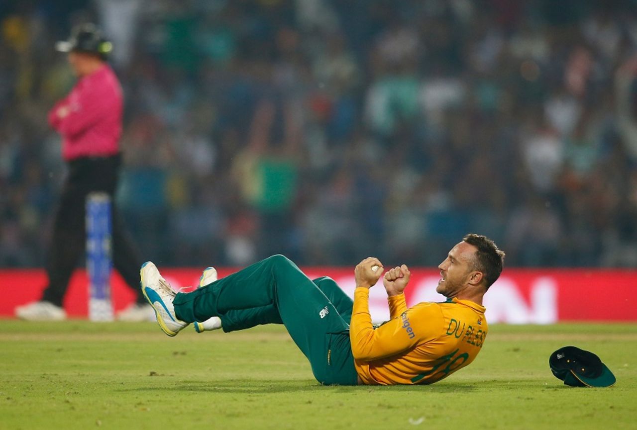 Faf du Plessis celebrates after taking a catch, South Africa v West Indies, World T20 2016, Group 1, Nagpur, March 25, 2016