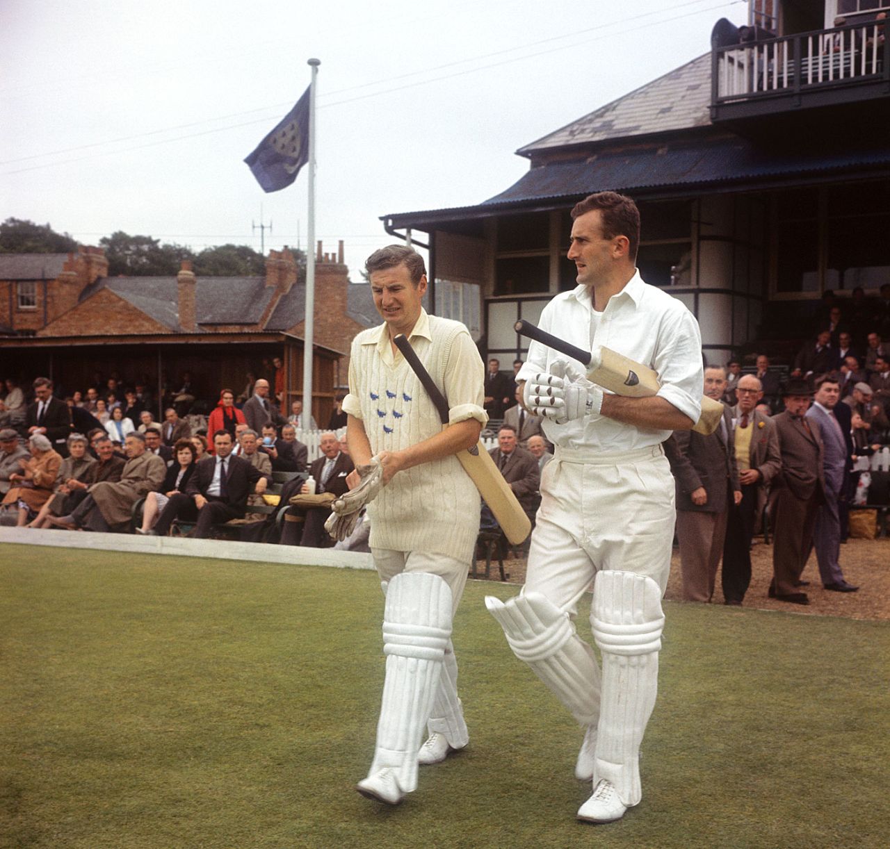 Jim Parks and Ted Dexter walk out to bat for Sussex, July 1956