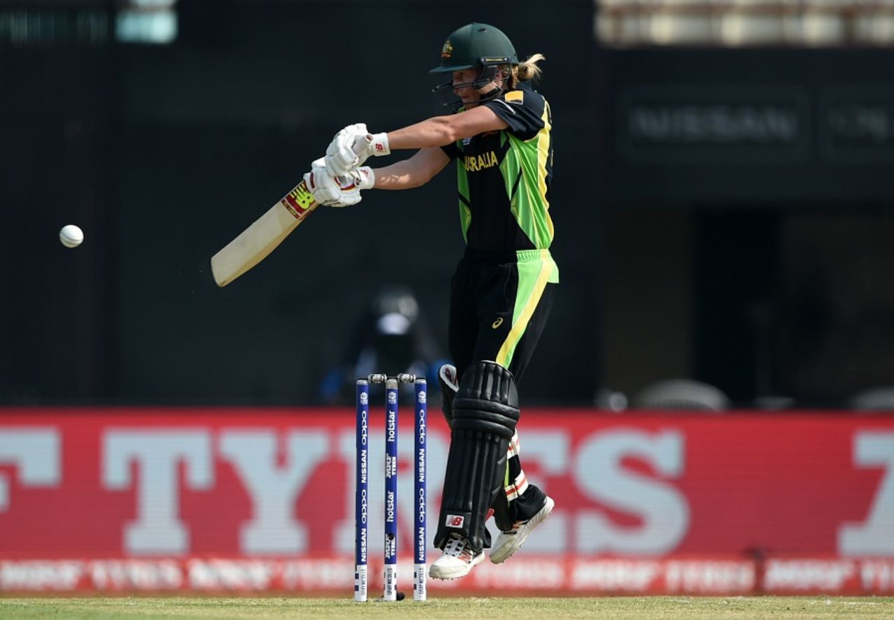 Meg Lanning leaps to play a cut, Australia v West Indies, Women's World T20, final, Kolkata, April 3, 2016