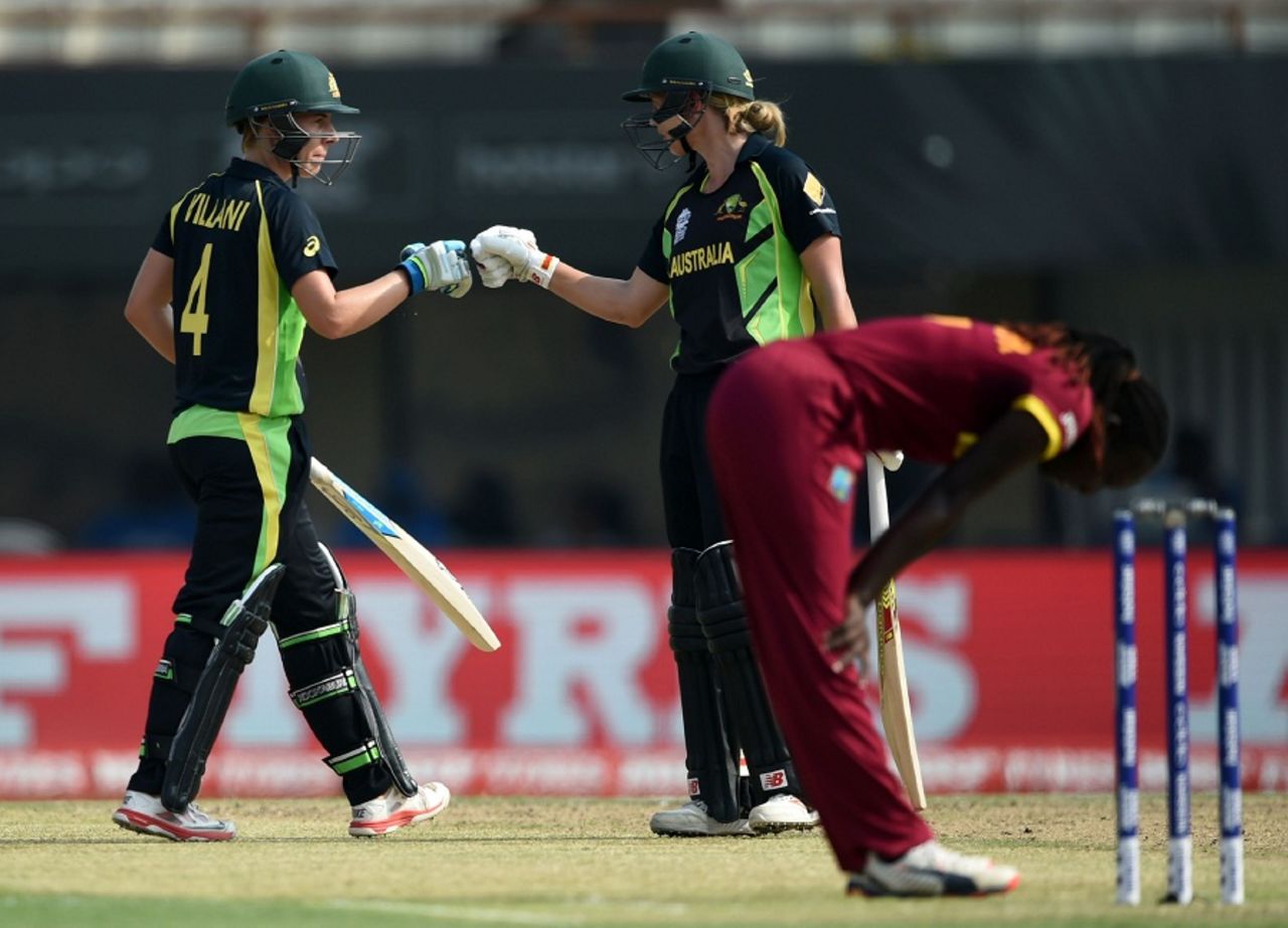 Elyse Villani and Meg Lanning punch gloves during their partnership, Australia v West Indies, Women's World T20, final, Kolkata, April 3, 2016