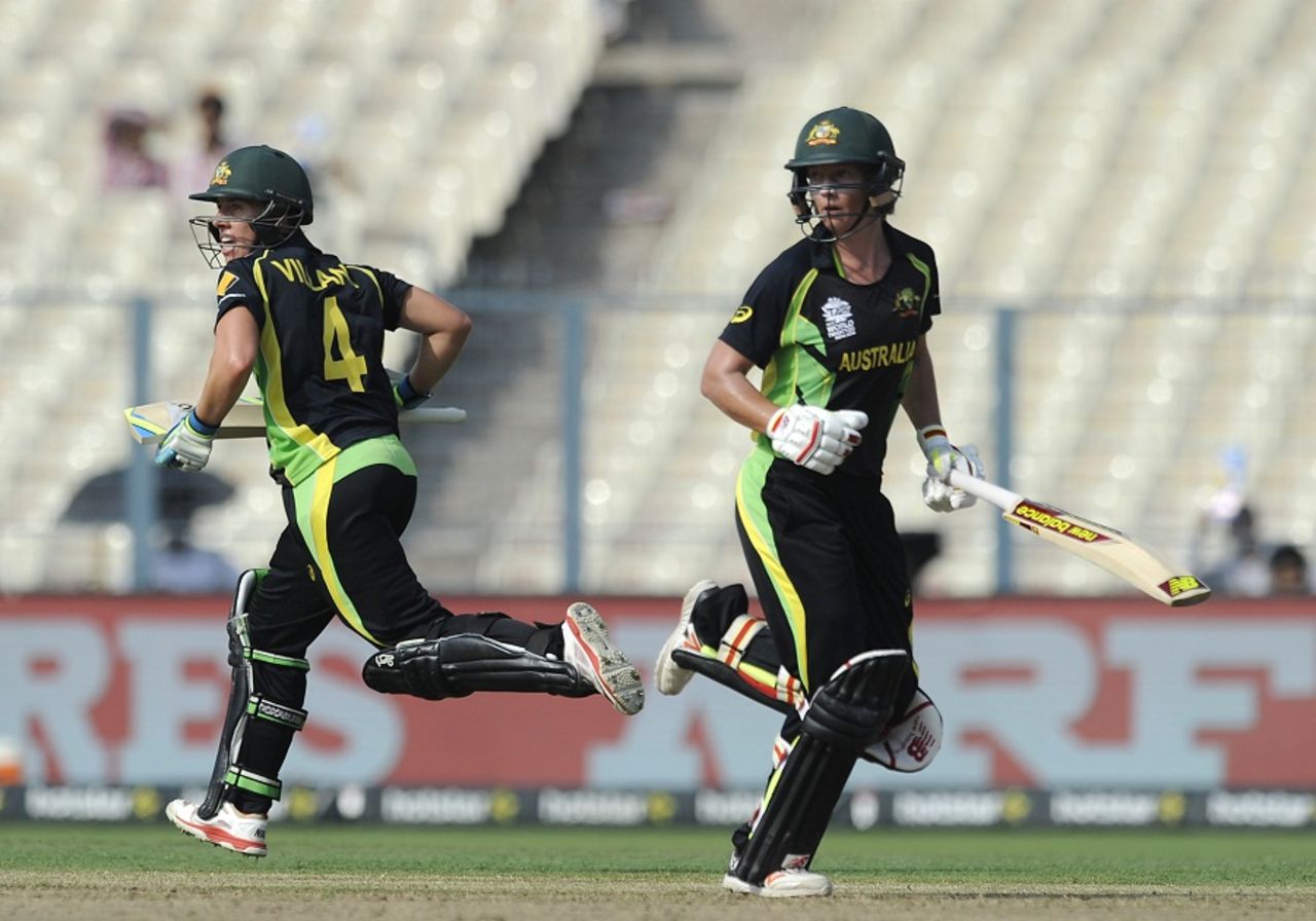 Elyse Villani and Meg Lanning complete a run during their 77-run stand, Australia v West Indies, Women's World T20, final, Kolkata, April 3, 2016