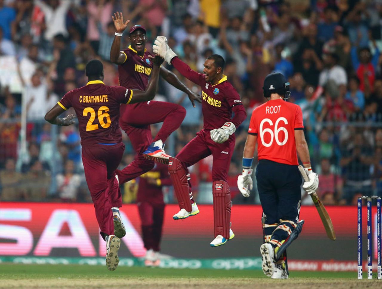 West Indies players are ecstatic after the wicket of Joe Root, England v West Indies, World T20, final, Kolkata, April 3, 2016
