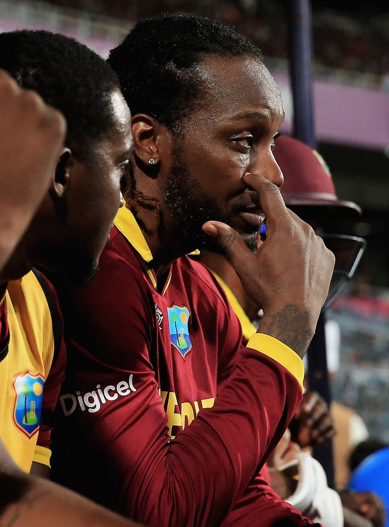 Chris Gayle watches proceedings after getting out for 4, England v West Indies, World T20, final, Kolkata, April 3, 2016 