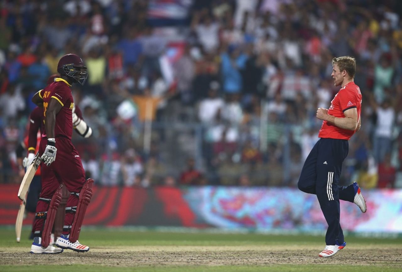 David Willey got rid of Darren Sammy and celebrated it, champion style, England v West Indies, World T20, final, Kolkata, April 3, 2016 