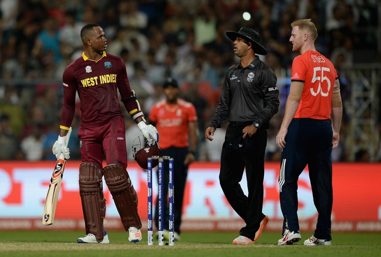 Marlon Samuels and Ben Stokes exchange a few words, England v West Indies, World T20, final, Kolkata, April 3, 2016 