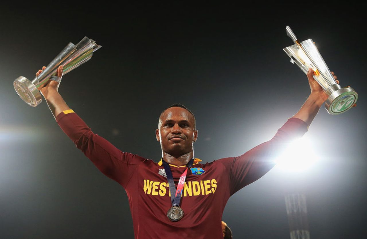 Who's the boss?: Player of the match Marlon Samuels soaks in the moment, England v West Indies, World T20, final, Kolkata, April 3, 2016 