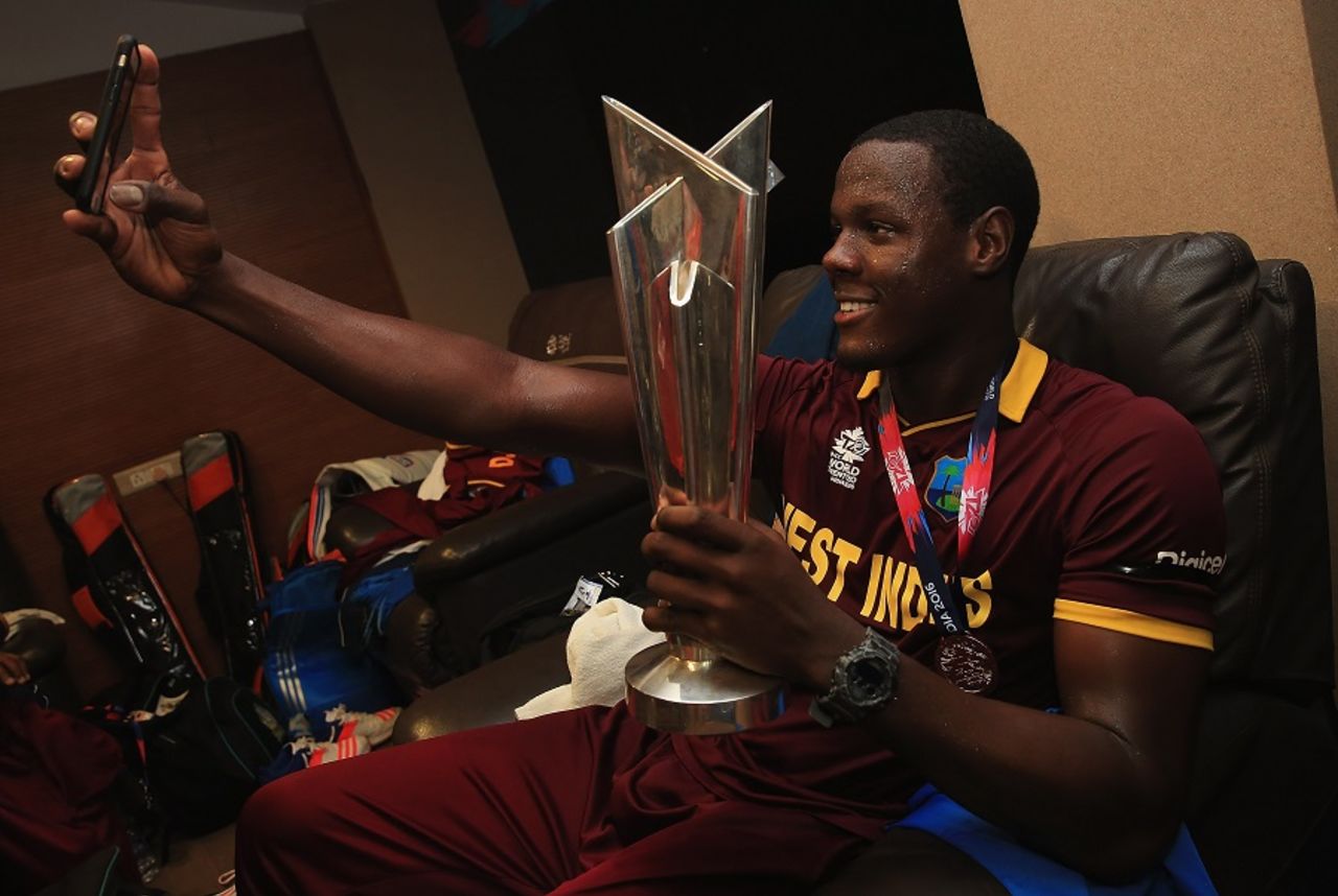 Carlos Brathwaite celebrates West Indies' World T20 win with a selfie in the dressing room, England v West Indies, World T20, final, Kolkata, April 3, 2016 