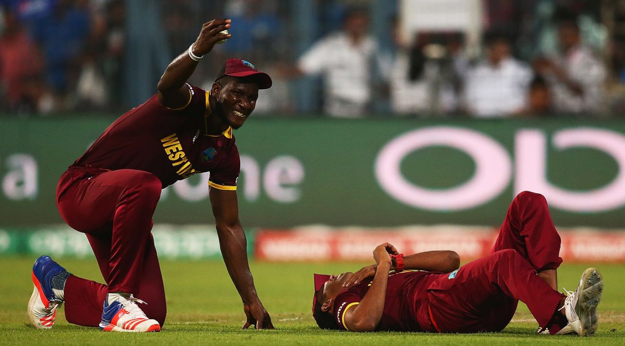 Samuel Badree is injured after taking a catch, India v West Indies, World T20 2016, semi-final, Mumbai, March 31, 2016
