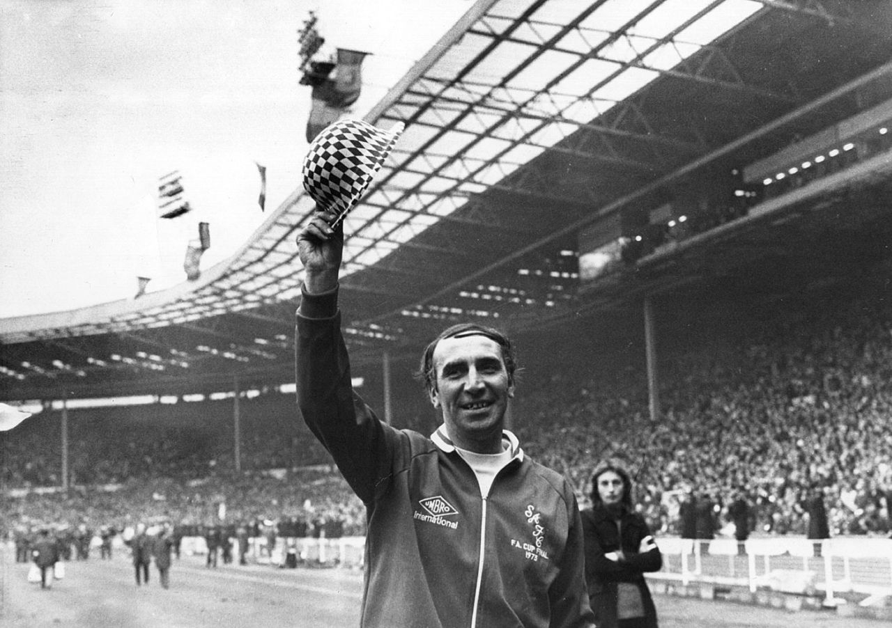 Sunderland FC manager Bob Stokoe waves after Sunderland's victory in the 1973 FA Cup final, Wembley Stadium, May 22, 1973
