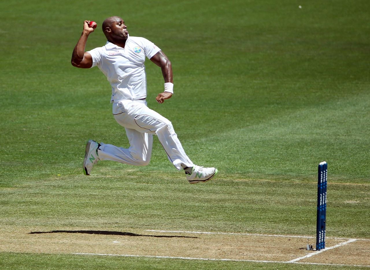 Tino Best in his delivery stride, New Zealand v West Indies, third Test, day two, Hamilton, December 20, 2013