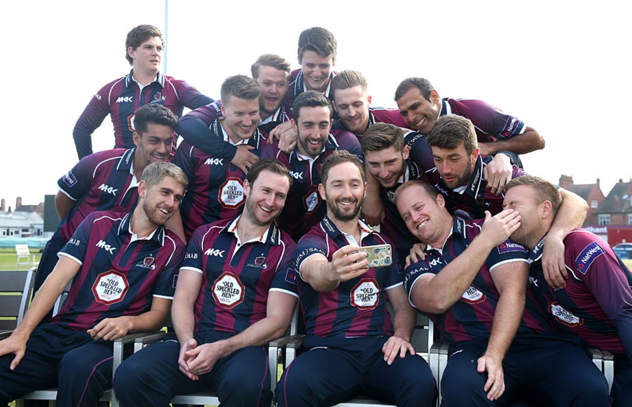 Smile: the Northants squad try to squeeze in for a team selfie, Wantage Road, April 8, 2016