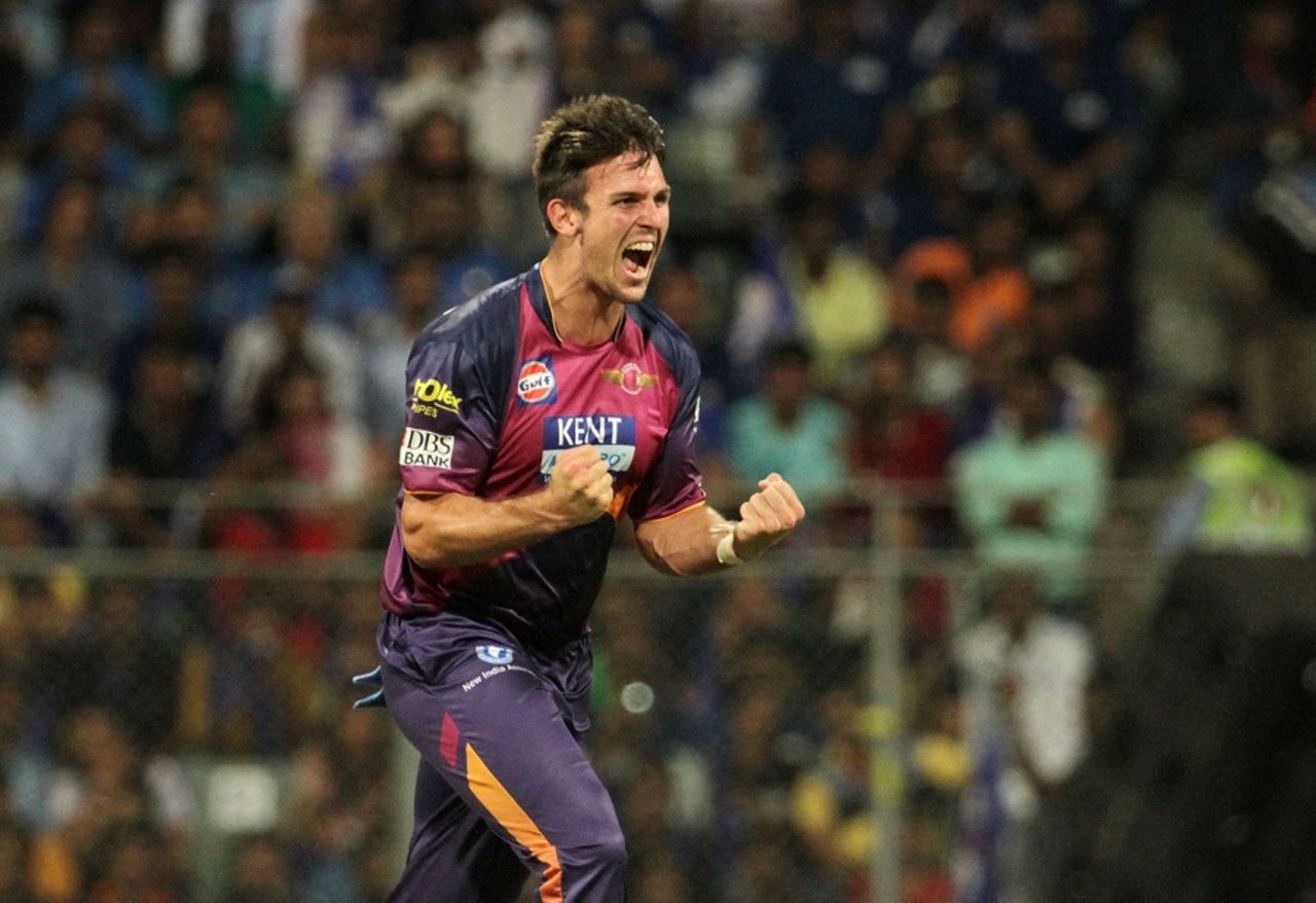 Mitchell Marsh is pumped up after picking up a wicket, Mumbai Indians v Rising Pune Supergiants, IPL 2016, Mumbai, April 9, 2016