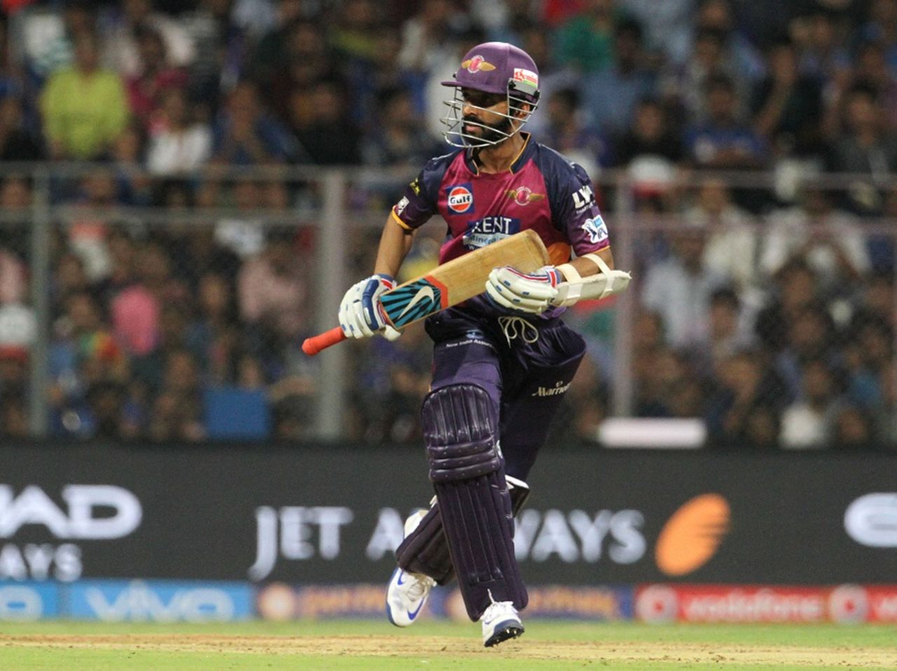 Ajinkya Rahane takes off for a run, Mumbai Indians v Rising Pune Supergiants, IPL 2016, Mumbai, April 9, 2016