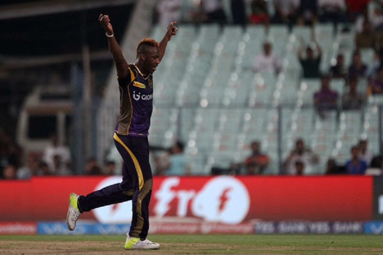 Andre Russell celebrates after taking an early wicket, Kolkata Knight Riders v Delhi Daredevils, IPL 2016, Kolkata, April 10, 2016