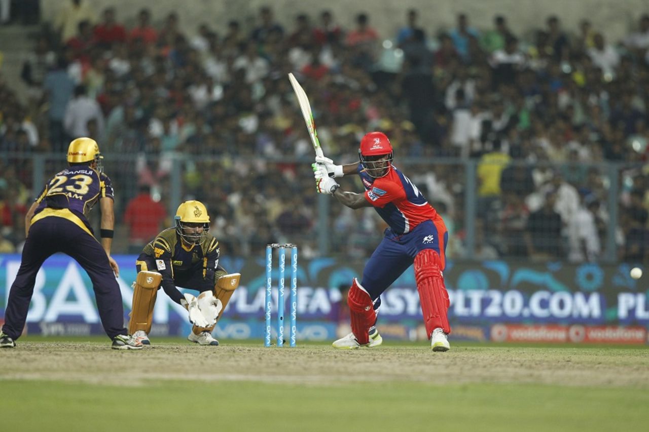 Carlos Brathwaite sets himself up for a meaty hit, Kolkata Knight Riders v Delhi Daredevils, IPL 2016, Kolkata, April 10, 2016