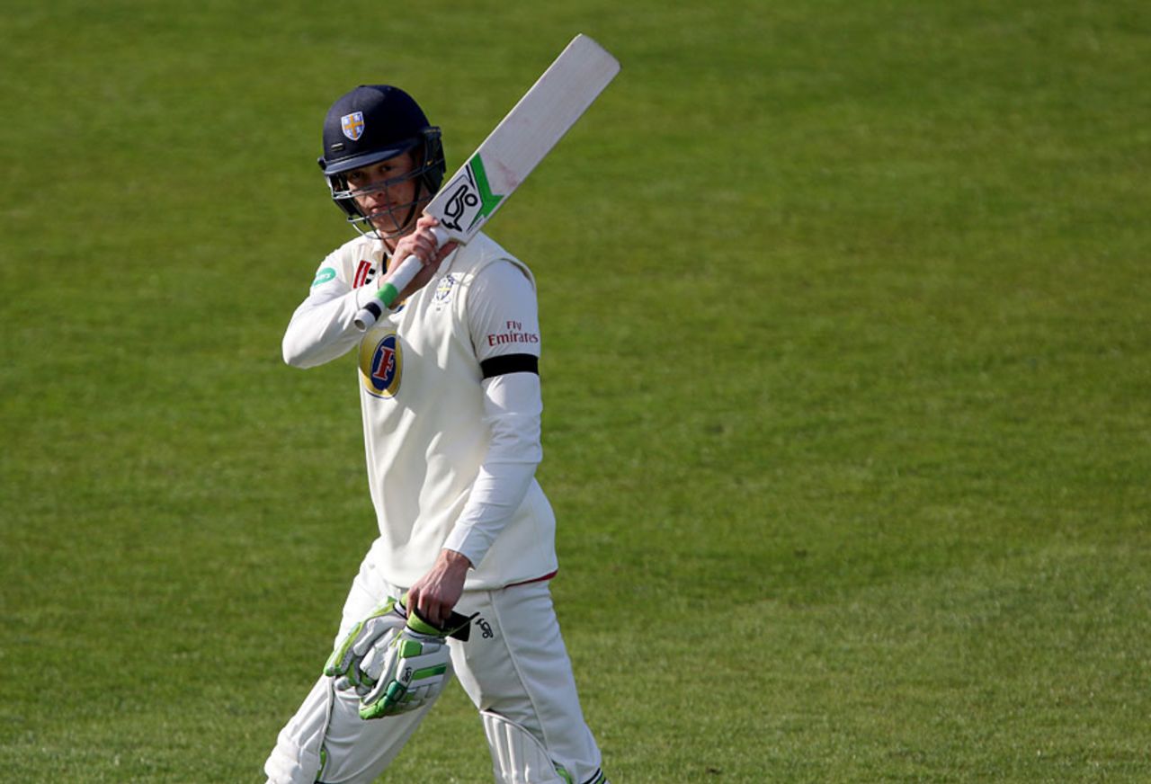 Keaton Jennings salutes the applause after falling for 116, Durham v Somerset, Specsavers County Championship, Division One, Chester-le-Street, 1st day, April 10, 2016