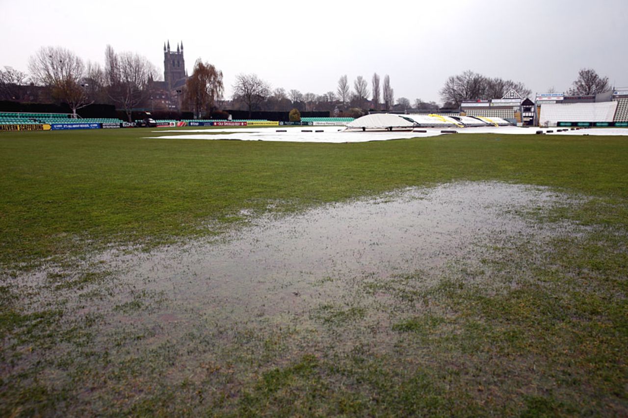 A waterlogged outfield again prevented play at New Road, Worcestershire v Kent, Specsavers County Championship, Division Two, New Road, 2nd day, April 11, 2016