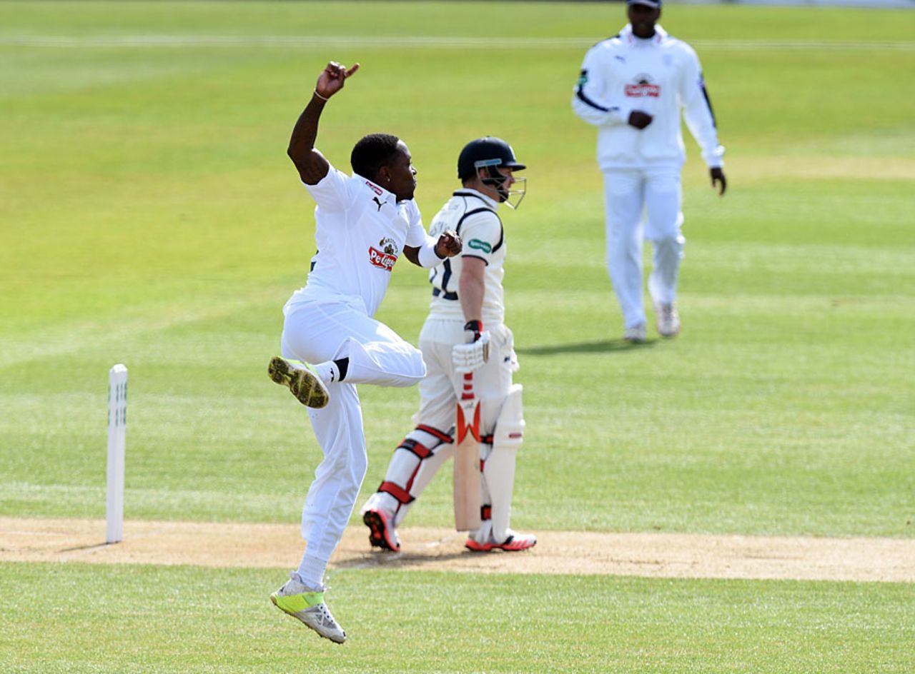 Fidel Edwards celebrates an early wicket, Hampshire v Warwickshire, Specsavers County Championship, Division One, Ageas Bowl, 3rd day, April 12, 2016