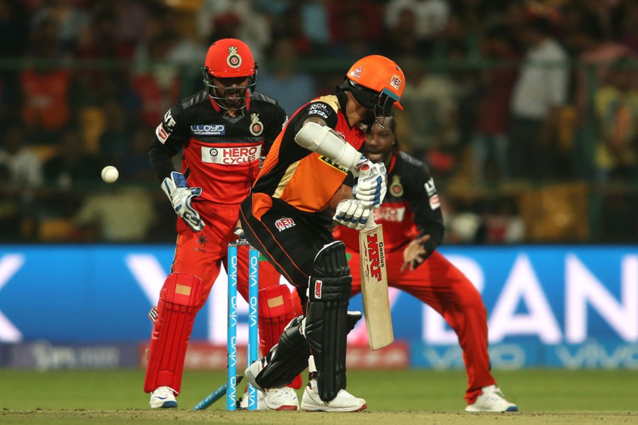 Shikhar Dhawan plays inside the line only to see his off stump tumble, Royal Challengers Bangalore v Sunrisers Hyderabad, IPL 2016, Bangalore, April 12, 2016
