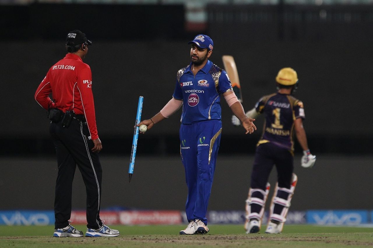 Rohit Sharma has a chat with the umpire after attempting a run out, Kolkata Knight Riders v Mumbai Indians, IPL 2016, Kolkata, April 13, 2016