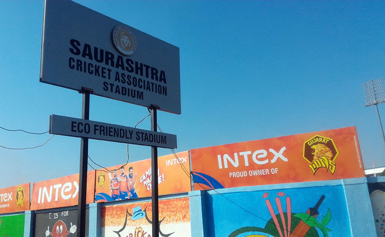 An sign at the entrance of the Saurashtra Cricket Stadium in Rajkot, IPL 2016, Rajkot, April 14, 2016