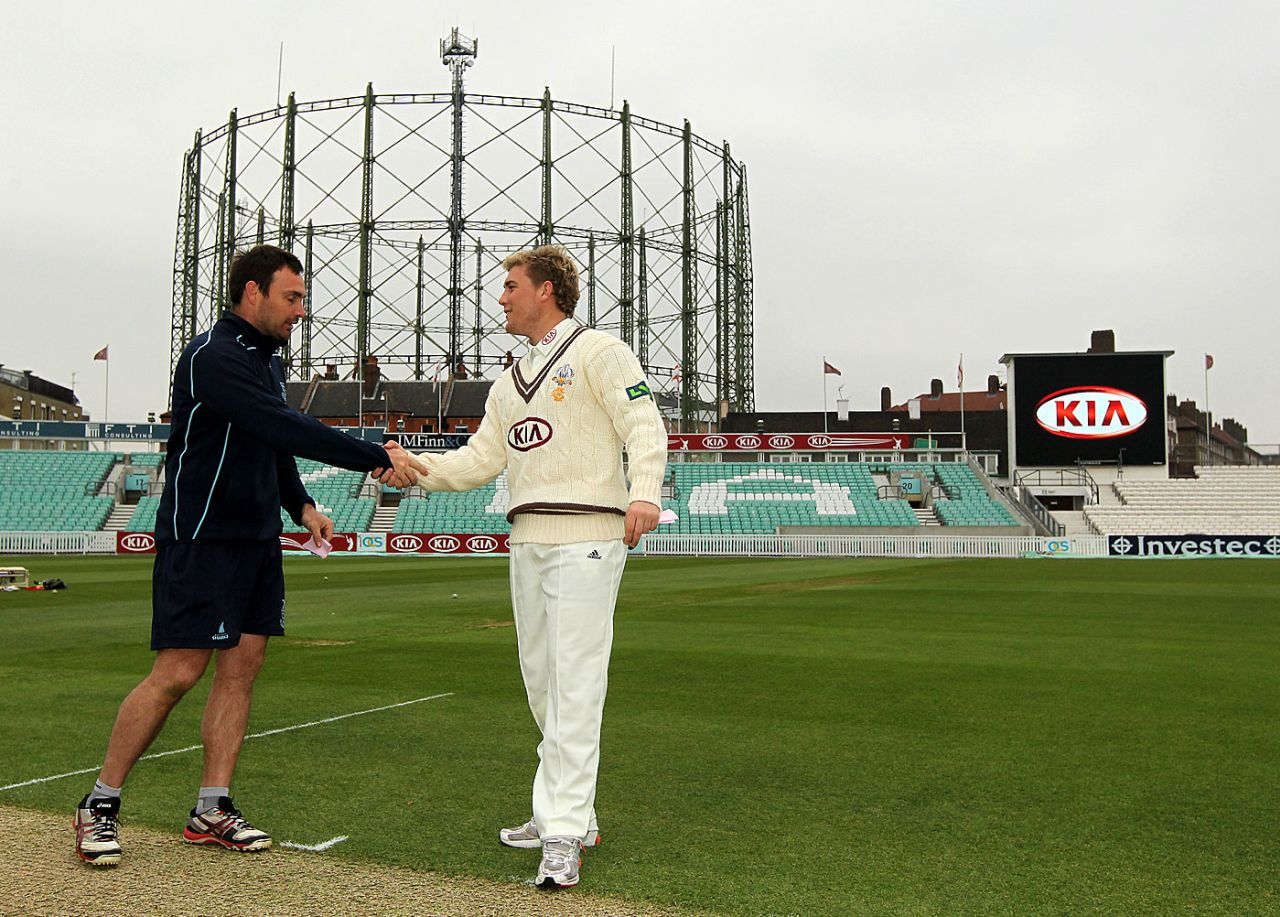 Michael Yardy and Rory Hamilton-Brown at the toss, Surrey v Sussex, County Championship, London, The Oval, 1st day, April 5, 2012