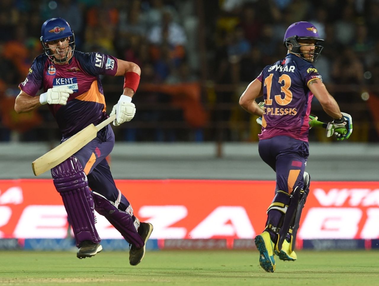 Kevin Pietersen and Faf du Plessis complete a run during their attacking partnership, Gujarat Lions v Rising Pune Supergiants, IPL 2016, Rajkot, April 14, 2016