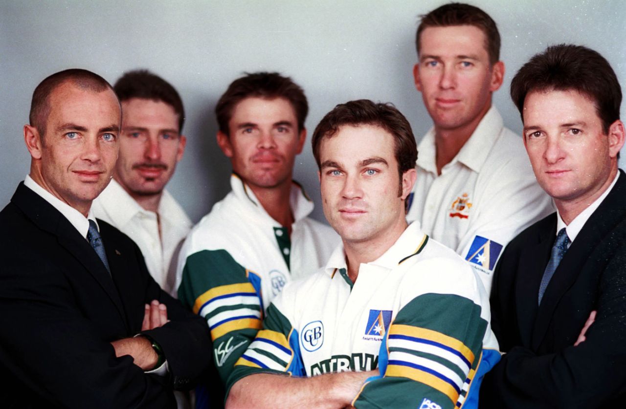 (Clockwise from left:) Colin Miller, Damien Fleming, Greg Blewett, Glenn McGrath, Mark Waugh and Michael Slater pose for photos, November 2, 1999