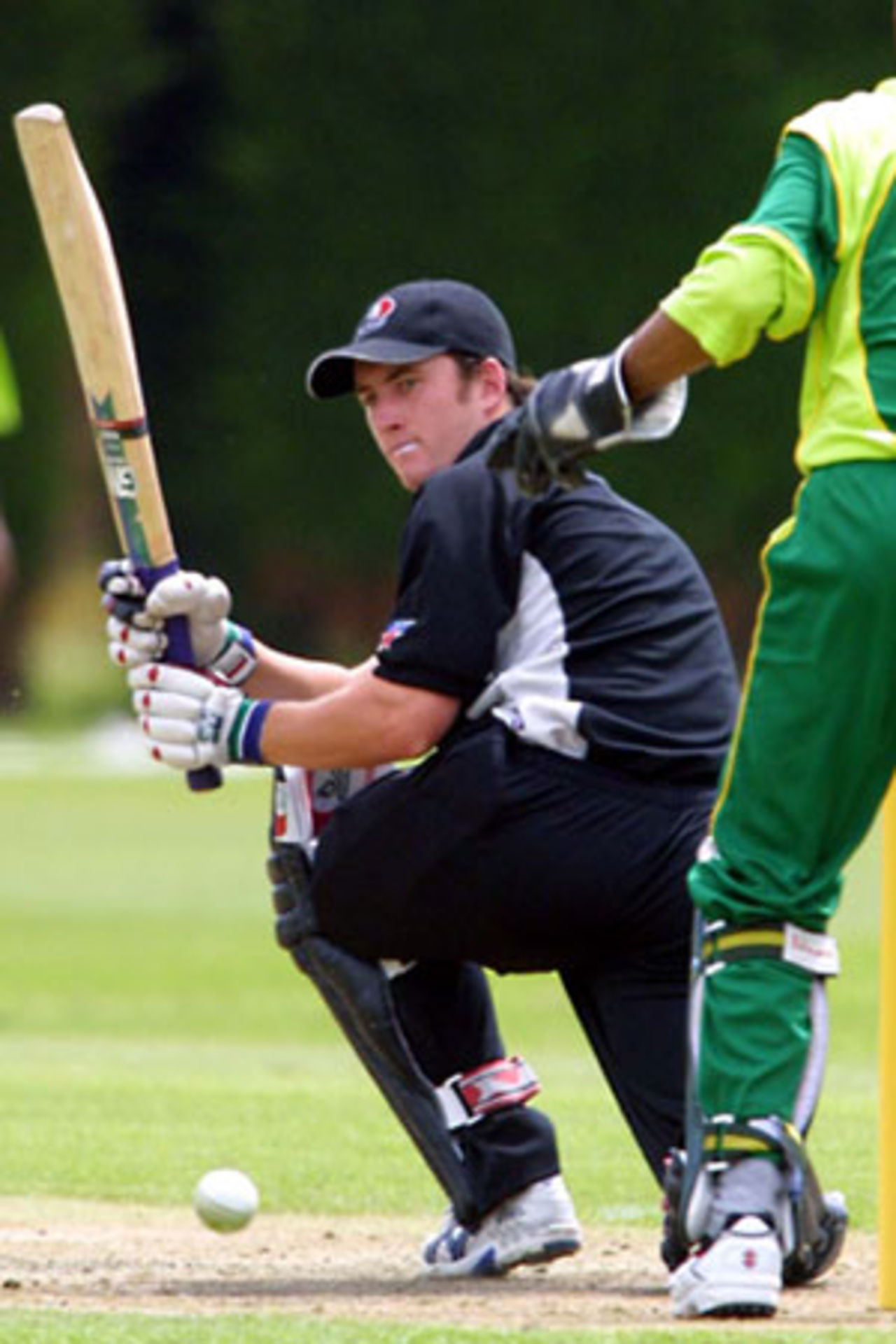 New Zealand Under-19 batsman Neil Broom sweeps a delivery during his innings of three. ICC Under-19 World Cup Warmup: New Zealand Under-19s v Pakistan Under-19s at Lincoln No. 3, Lincoln, 17 January 2002.