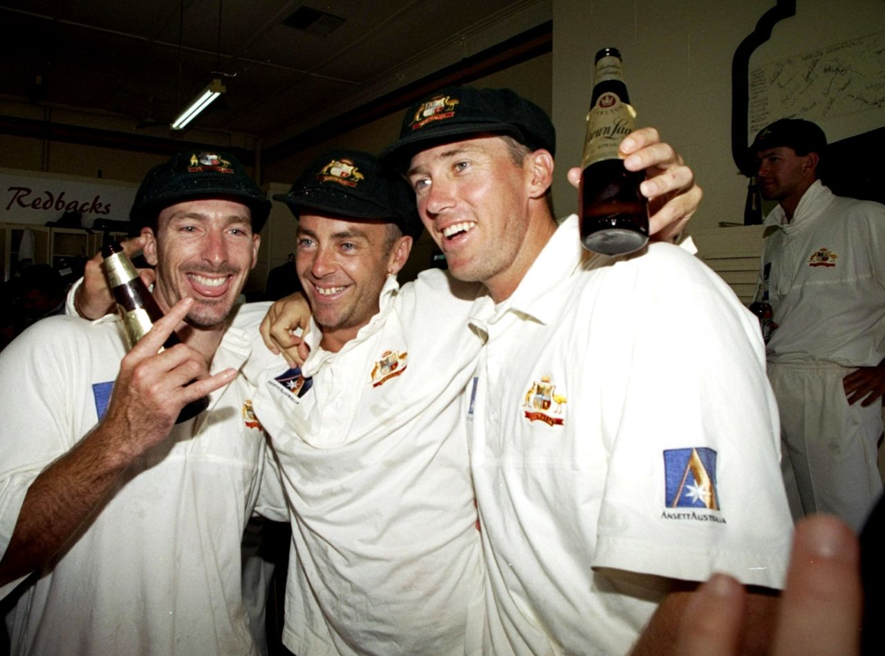 Damien Fleming, Colin Miller and Glenn McGrath celebrate the win over England, Australia v England, 3rd Test, Adelaide, 5th day, December 15, 1998